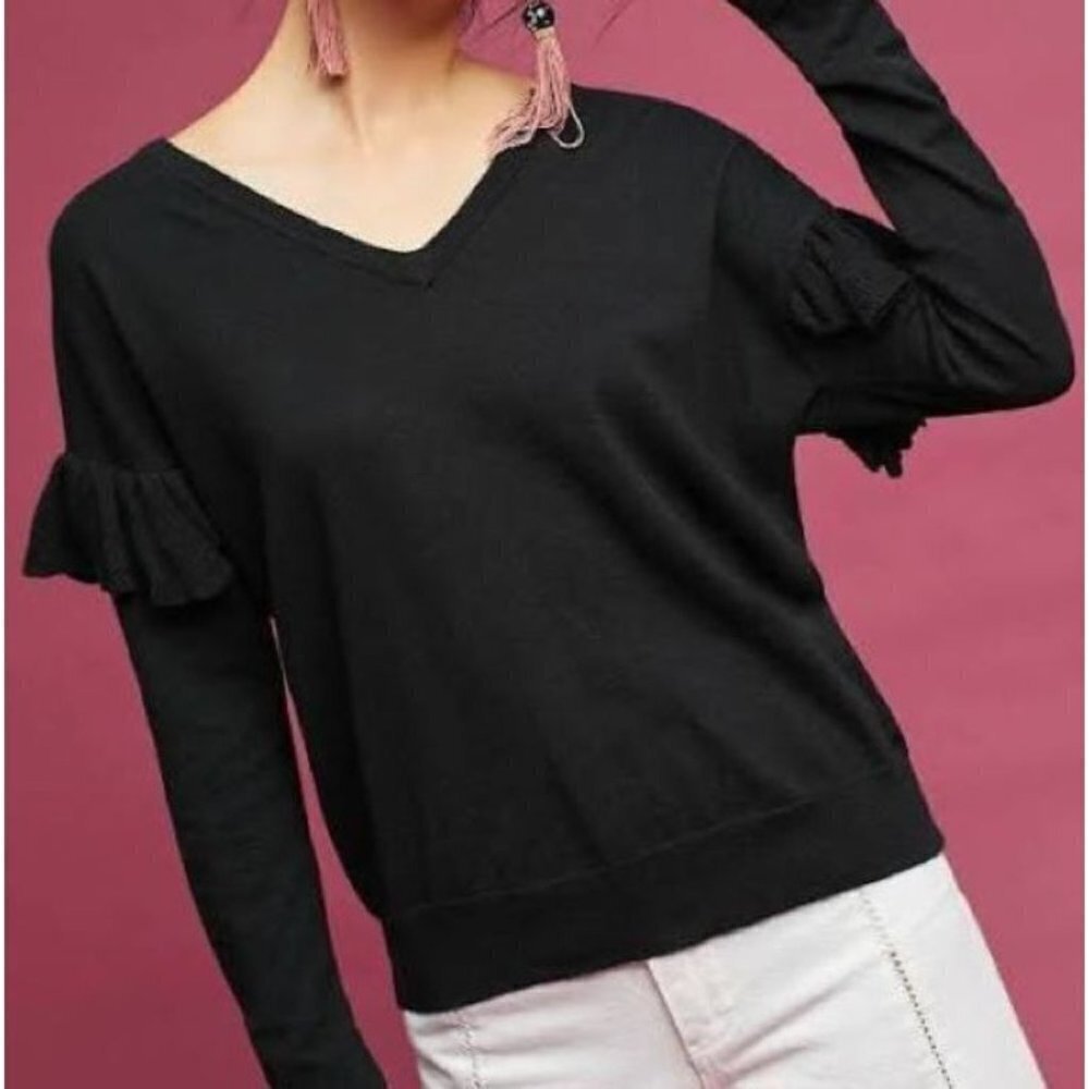 Anthropologie Folk by Hanselfrom Basel Black Ruffled Sweater Size XS